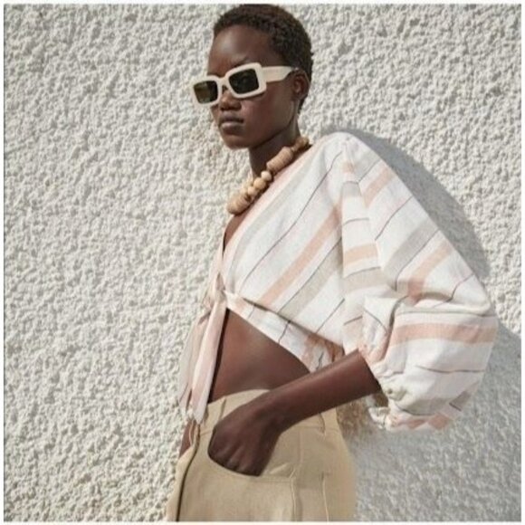 Zara Womens Striped Crop Top With V-Neck & Tie Front XS Linen Blend Made In Moro - Picture 6 of 13